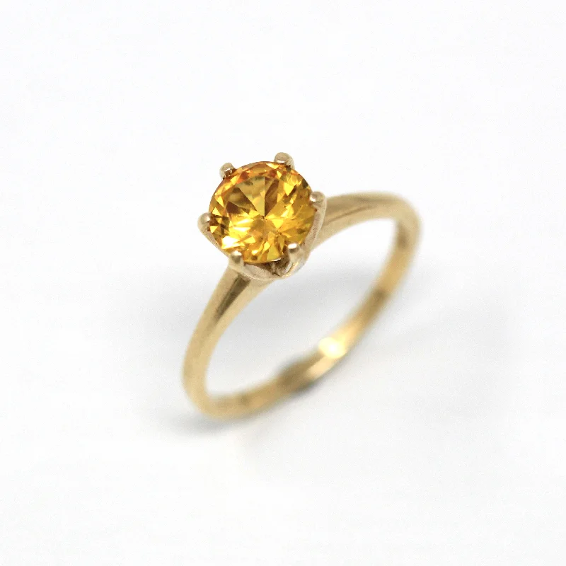 geometric ring for women -Sale - Created Orange Sapphire Ring - Retro 10k Yellow Gold Round Faceted 1.29 CT Stone - Vintage 1960s Era Size 5 1/2 Statement 60s Jewelry