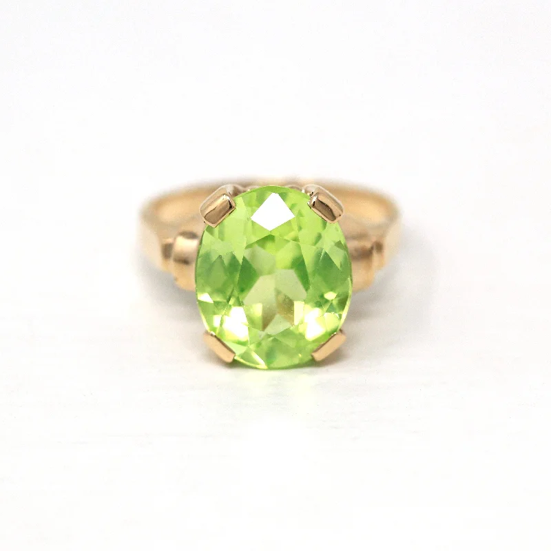 simple engagement ring for women -Sale - Created Spinel Ring - Retro 10k Yellow Gold Oval 5.84 CT Green Stone - Vintage Circa 1940s Era Size 5 1/4 Statement Fine 40s Jewelry