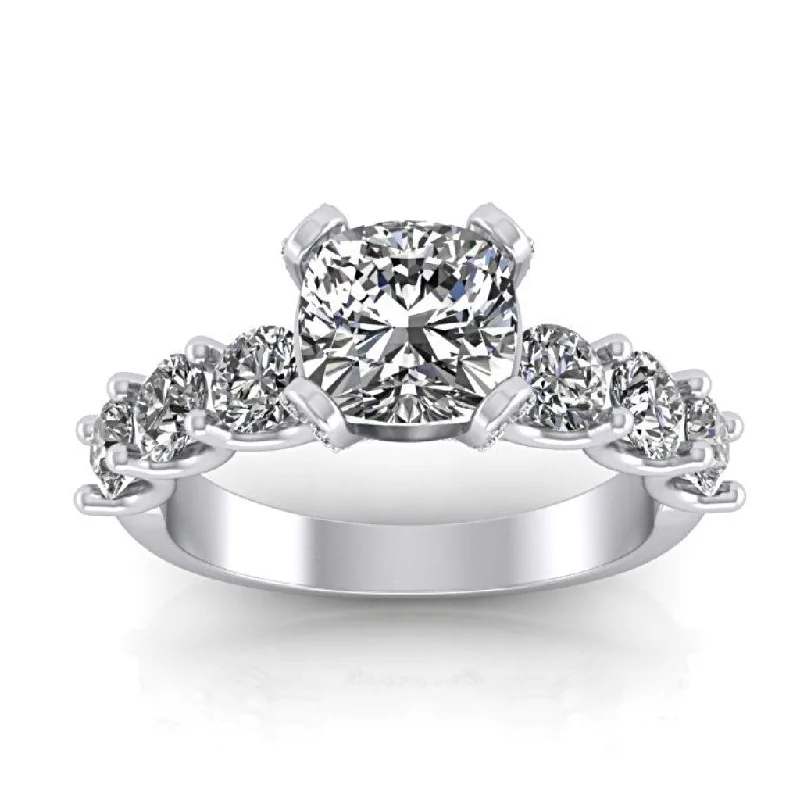 gothic ring for men -Cushion Cut Diamond Side Stones Engagement Ring 18K White Gold