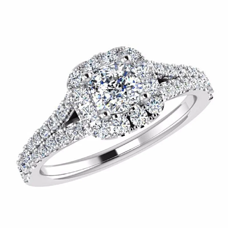 luxury diamond ring for special occasions -Cushion Diamond Halo Engagement Ring Split Shank Side Stone 18K Gold Setting