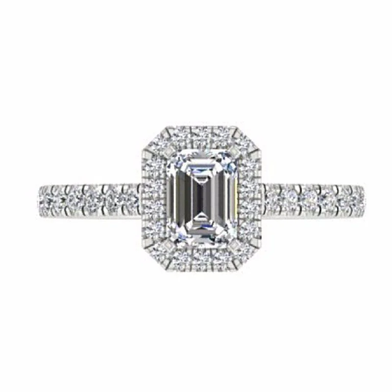 three stone engagement ring -Emerald Cut Diamond Halo Engagement Ring with Side Stones 18K Gold