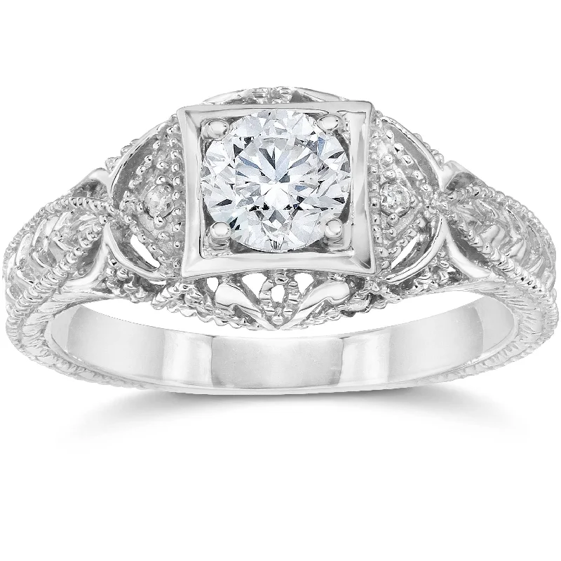 wedding ring set for couples -Emery 5/8Ct Vintage Diamond Antique Engagement 14K White Gold