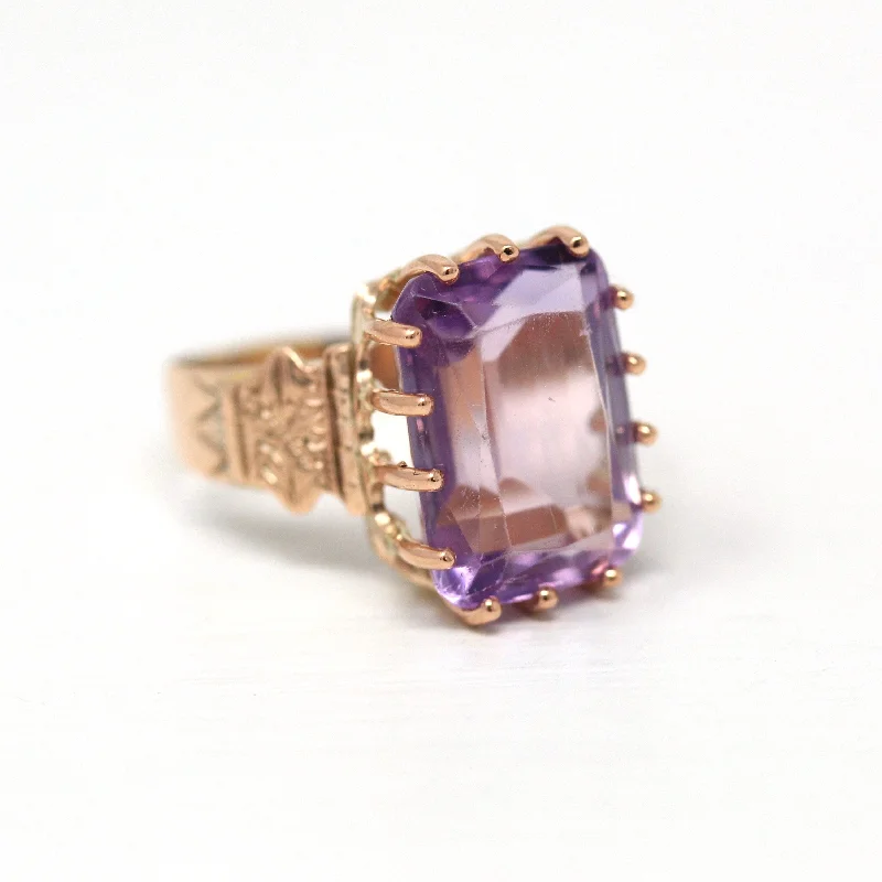 contemporary ring for men -Sale - Genuine Amethyst Ring - Victorian 10k Rosy Yellow Gold Faceted Purple 7 CT Gem - Antique Circa 1890s Size 6 Fine Statement Jewelry