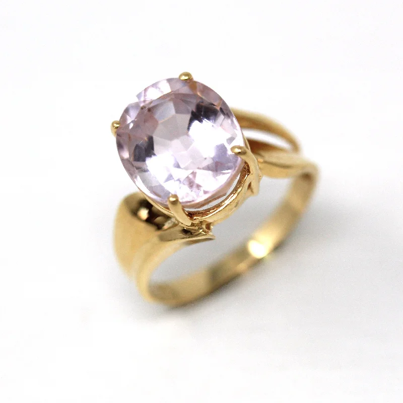 vintage wedding band for men -Sale - Genuine Kunzite Ring - Modern 14k Yellow Gold Oval Faceted 5.60 CT Pale Pink Gem - Estate 2000s Era Size 5 3/4 Statement Fine Jewelry