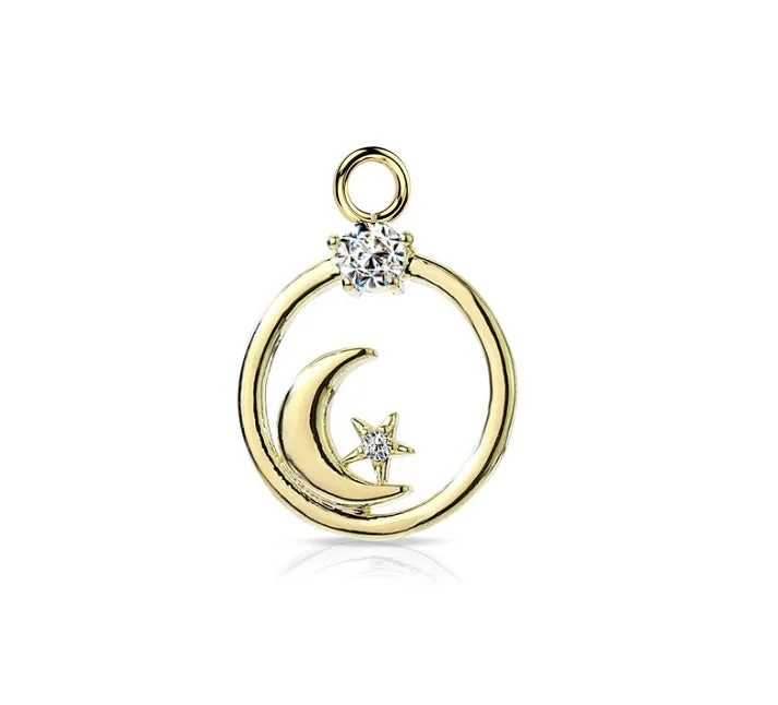 diamond cluster ring for women -Gold Moon and Star Jewelled Dangle Charm for Hinged Ring - CHARM26A