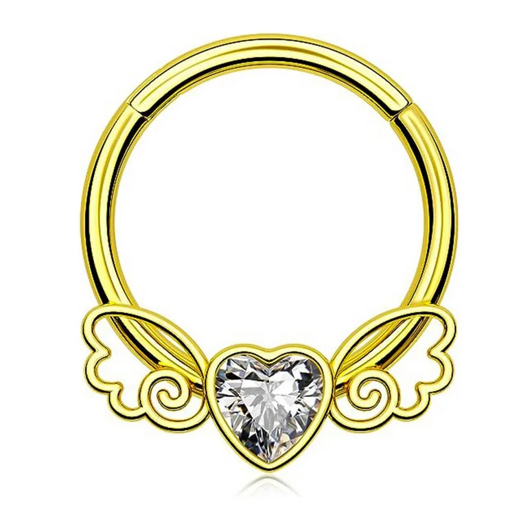 adjustable ring for women -Gold/Silver (Your Choice) SS316L Jewelled Hinged Ring with Angel Wings - E435/A