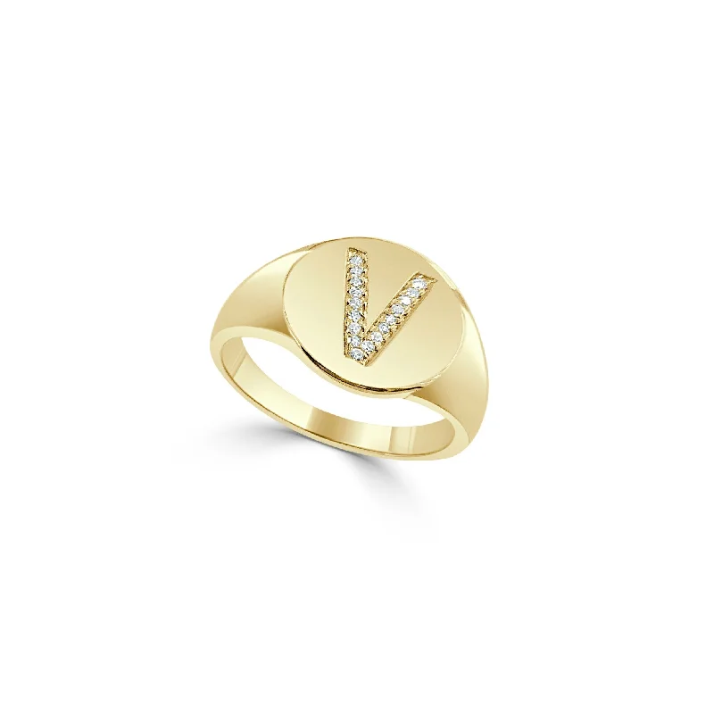 luxury gemstone ring for women -Joelle Signet Ring 14k Yellow Gold Diamond Initial V 1/10 ct. TDW