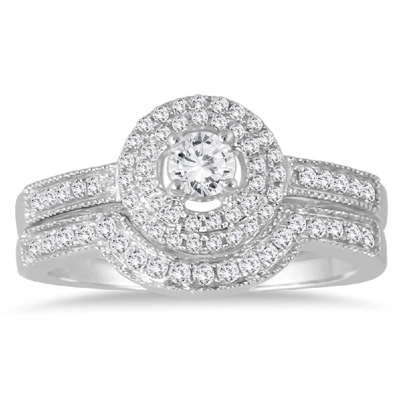 luxury diamond ring for special occasions -Marquee Jewels 10k White Gold 1/2ct TDW Diamond Halo Bridal Ring Set