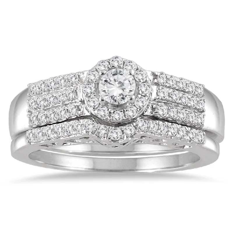 heart shaped ring for women -Marquee Jewels 10k White Gold 3/4ct TDW Diamond Halo Bridal Set