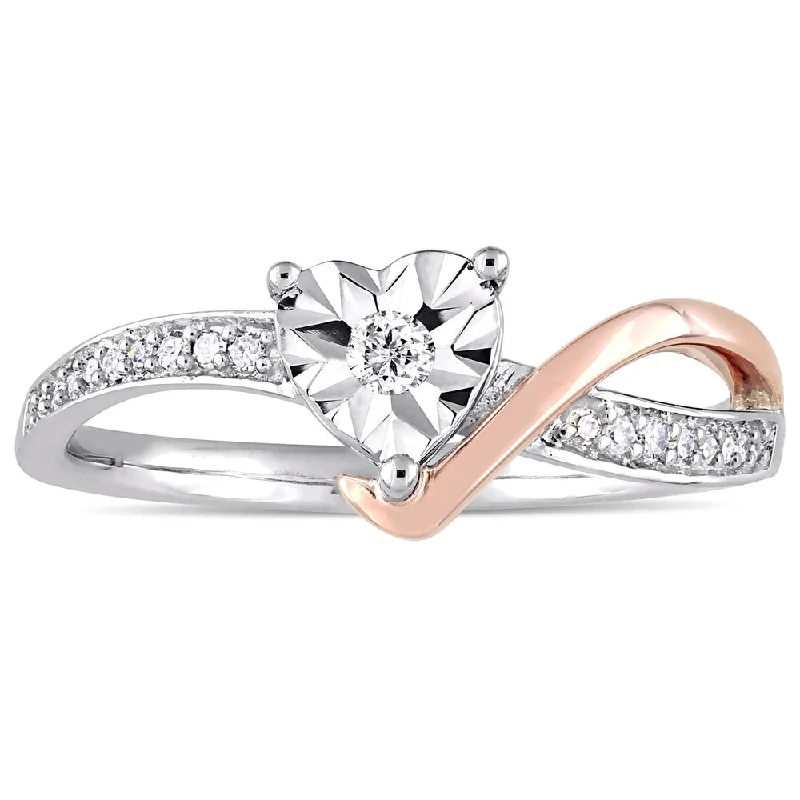 vintage wedding band for men -Miadora 10k 2-Tone White and Rose Gold 1/10ct TDW Diamond Heart-Shaped Crossover Engagement Ring