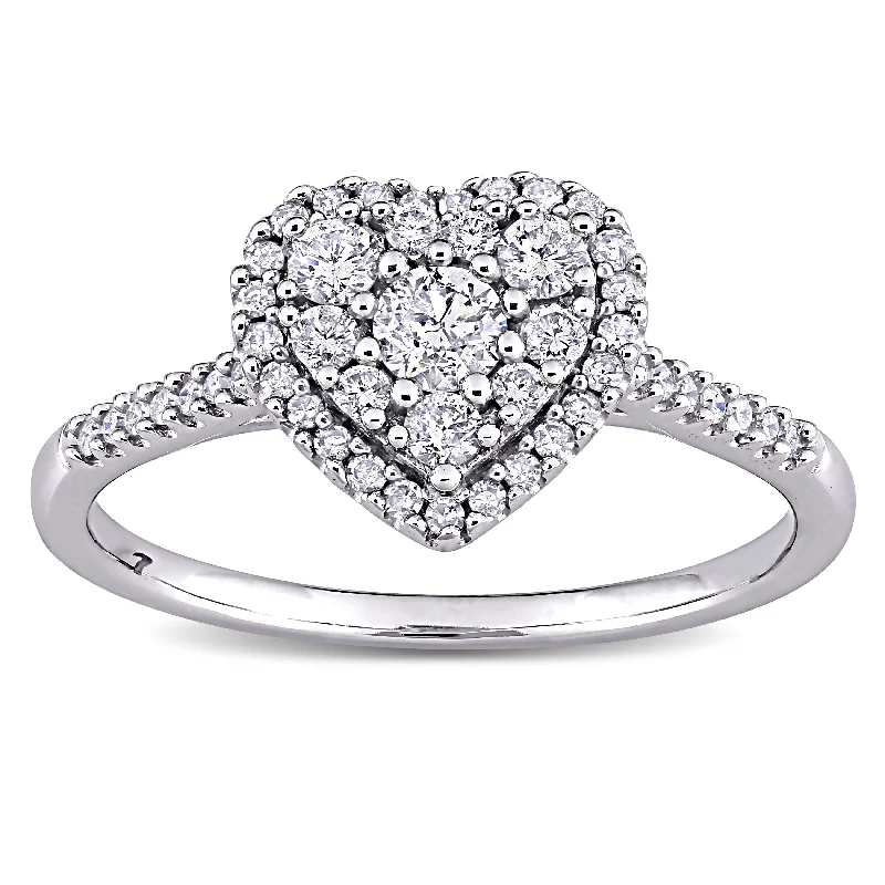 cubic zirconia ring for women -Miadora 10k White Gold 1/2ct TDW Diamond Composite Heart Halo Engagement Ring