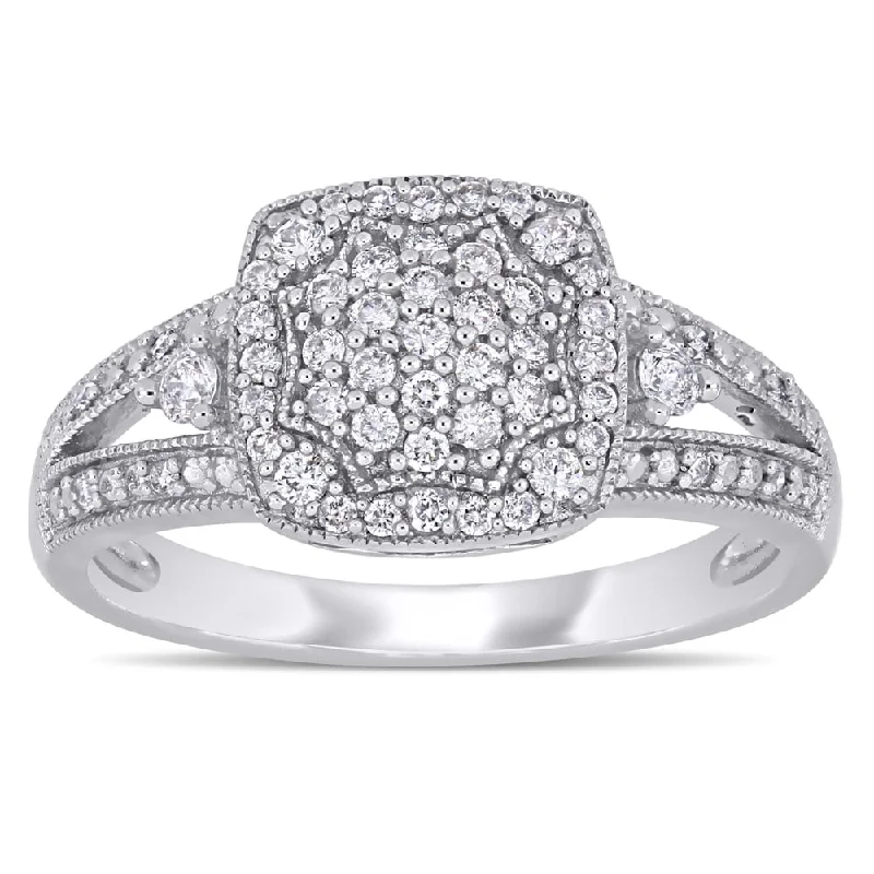 antique engagement ring for women -Miadora 10k White Gold 1/3ct TDW Diamond Cluster Square Halo Split Shank Engagement Ring