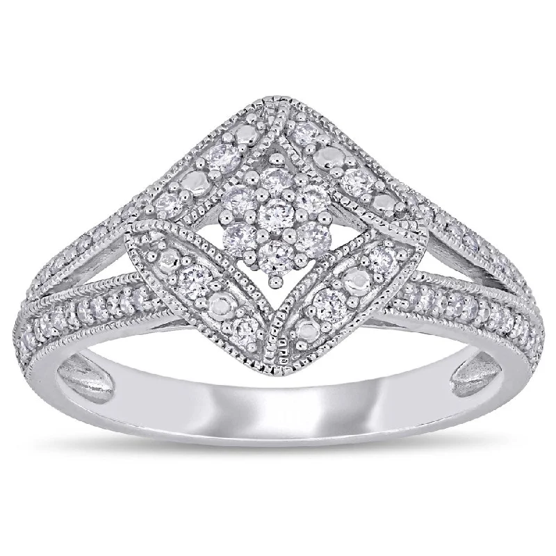 engraved name ring for gifts -Miadora 10k White Gold 1/4ct TDW Diamond Halo Split Shank Engagement Ring