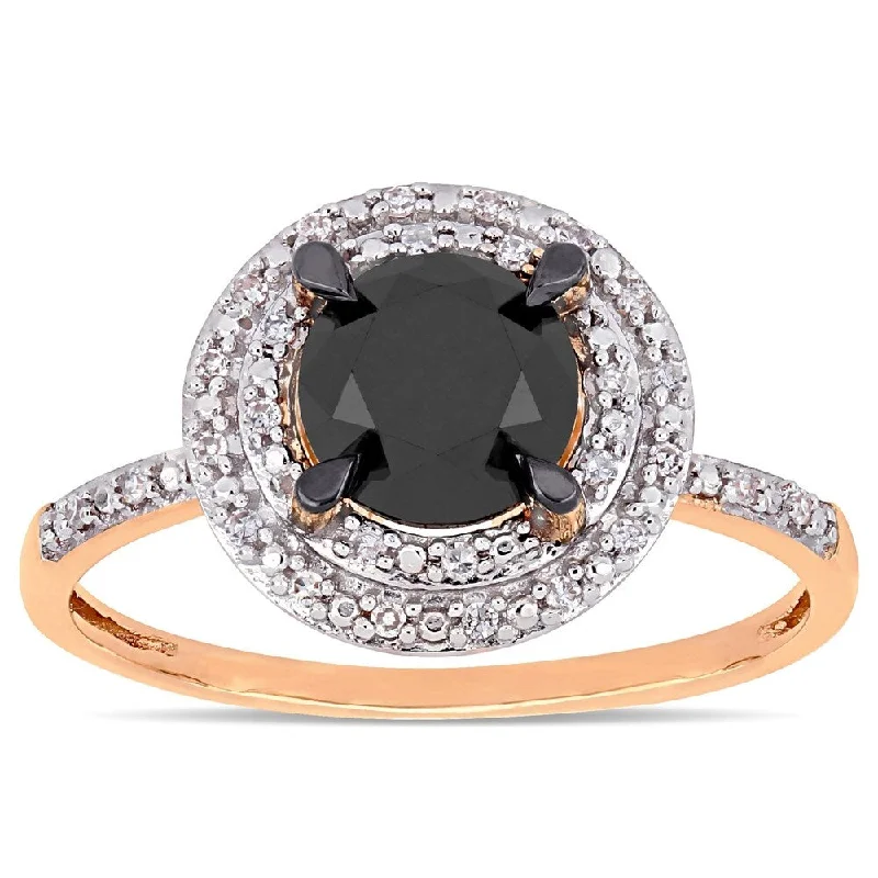 floral ring for women -Miadora 14k Rose Gold 1 5/8ct TDW Black and White Diamond Double Halo Engagement Ring