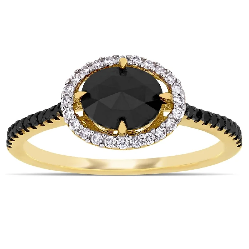 gemstone ring for women -Miadora 14k Yellow Gold 1 1/5ct TDW Black and White Diamond Oval Halo Engagement Ring