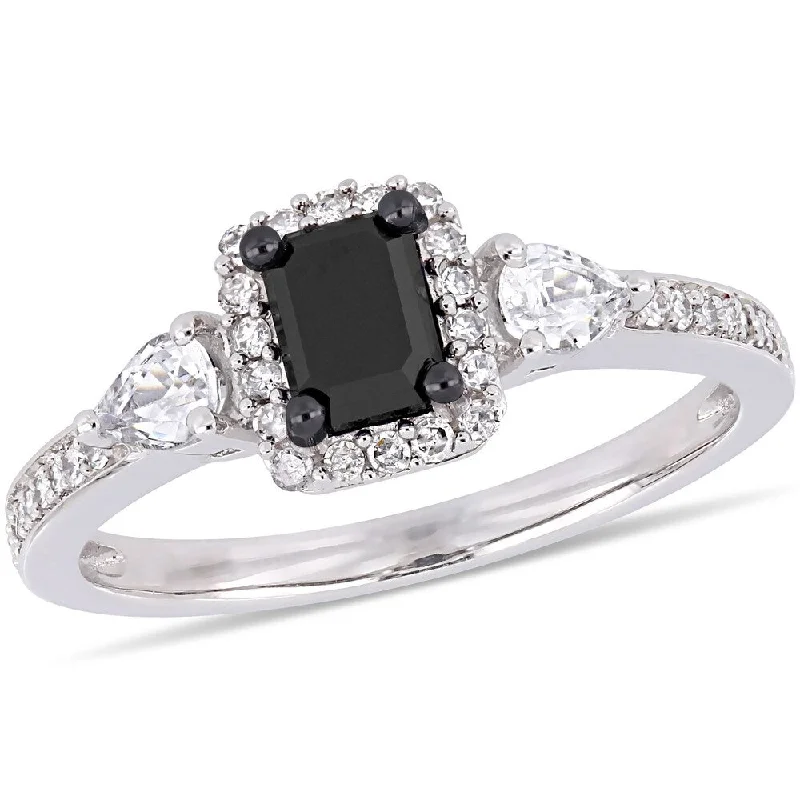 simple engagement ring for women -Miadora Signature Collection 10k White Gold 7/8ct TDW Black and White Diamond White Sapphire 3-Stone Halo Engagement Ring