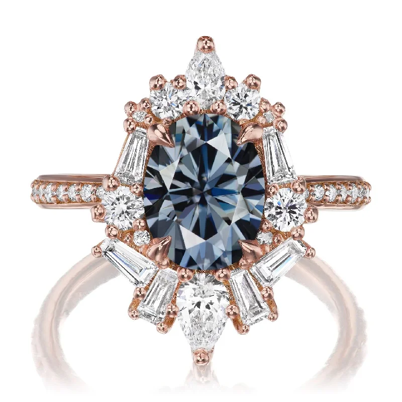 three stone engagement ring -・NYX・Oval Iconic™ Grey Moissanite Center, Diamond Halo (2.80ctw+)