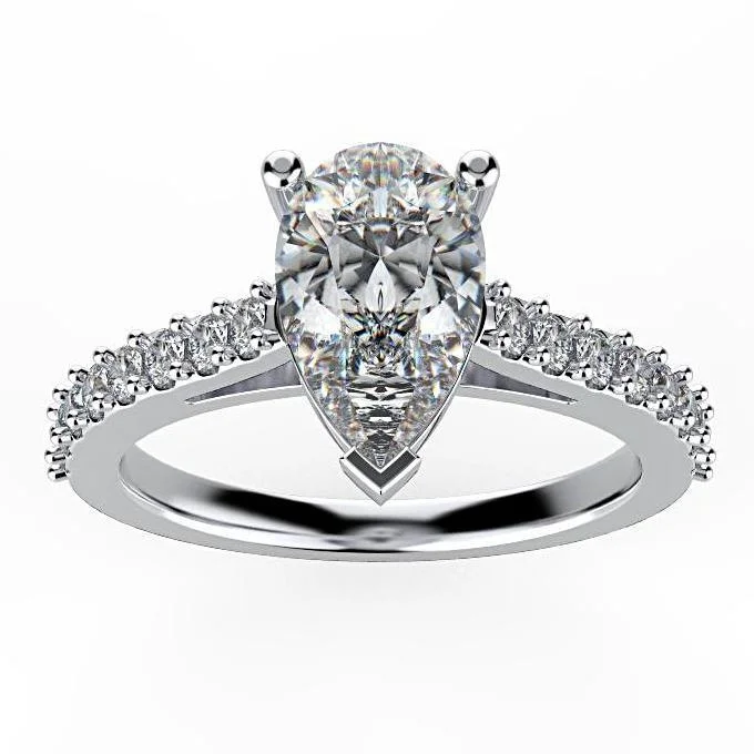 wedding band with diamonds for women -Pear Diamond Engagement Ring with Side Stones 18K White Gold