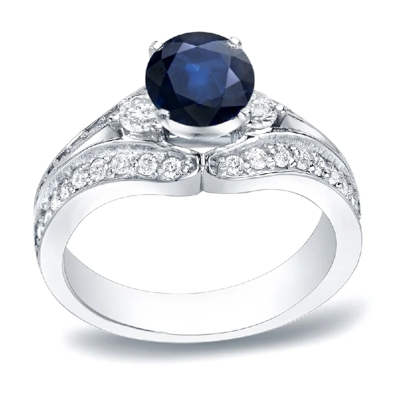 men’s signet ring with engraving -Platinum Round 1/2ct Blue Sapphire and 3/4ct TDW Three Stone Diamond Engagement Ring by Auriya