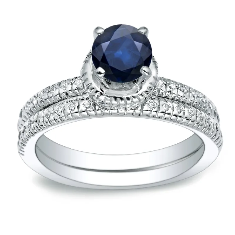 turquoise ring for women -Platinum Round 3/4ct Sapphire and 1/4ct TDW Diamond Engagement Ring Set by Auriya