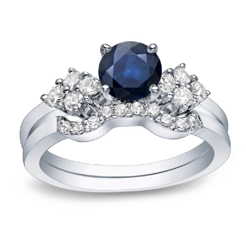 princess cut engagement ring -Platinum Round 3/5ct Blue Sapphire and 1/2ct TDW Round Diamond Engagement Ring Set by Auriya