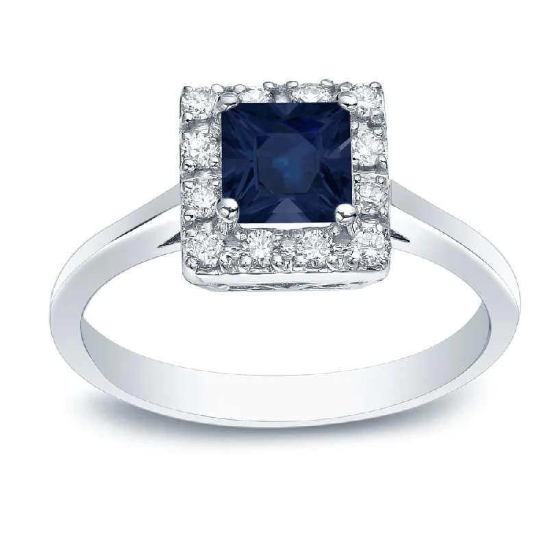 initial ring for women -Platinum Square 1/3ct Blue Sapphire and 1/5ct Diamond Halo Engagement Ring