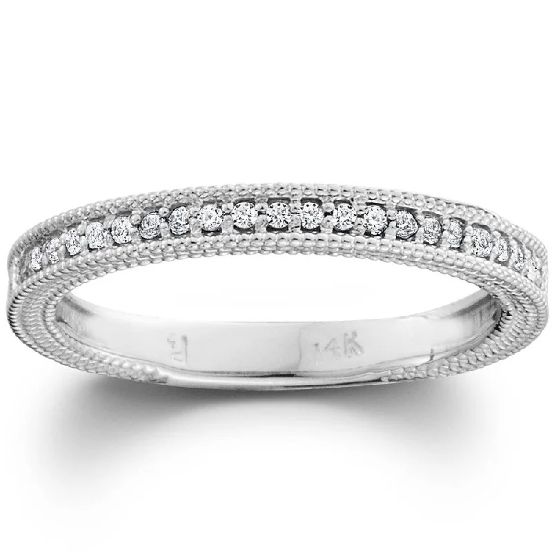 geometric ring for women -Pompeii3 10k White Gold 1/5 ct TDW Diamond Wedding Ring Stackable Womens Vintage Milgrain Anniversary Band