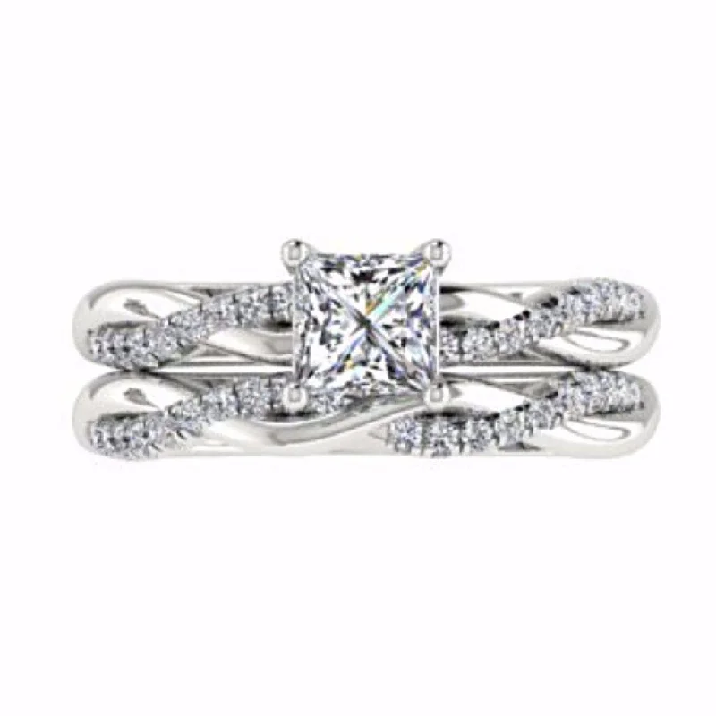 open ring for women -Princess Cut Twist Band Side Stone Engagement Ring Set 18K White Gold