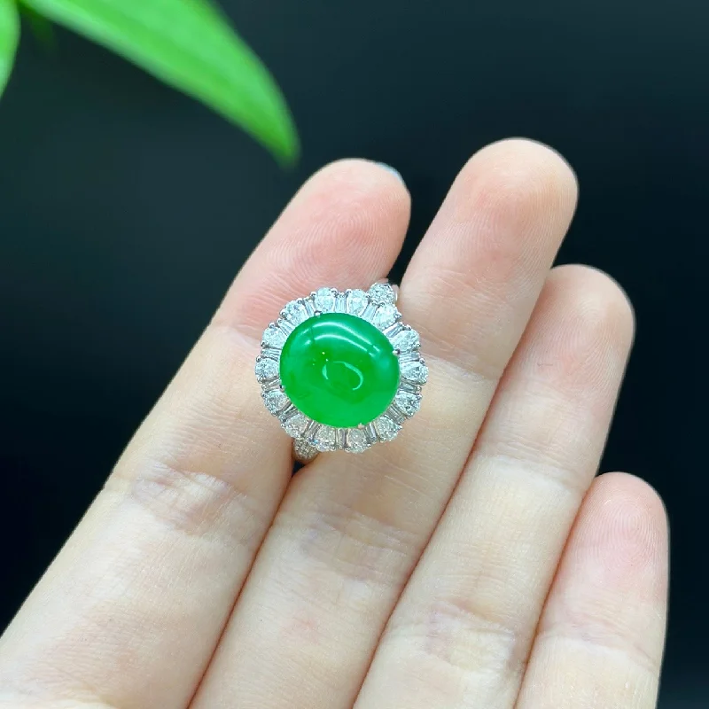 silver promise ring for couples -RealJade® "Amelie" 18k White Gold Natural Ice Green Jadeite Engagement Ring With Diamonds