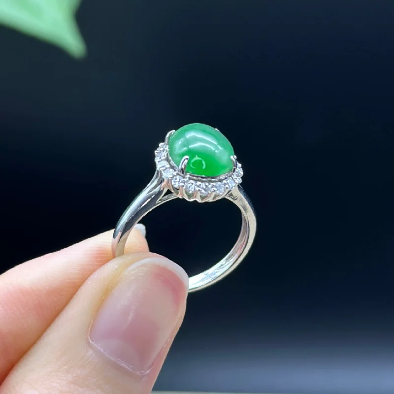 birthstone ring for moms -RealJade® "Amelie" 18k White Gold Natural Ice Jadeite Engagement Ring With Diamonds