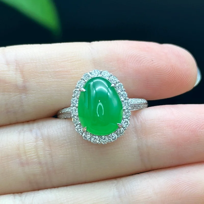 sterling silver ring for men -RealJade® "Amelie" 18k White Gold Natural Ice Green Jadeite Engagement Ring With Diamonds