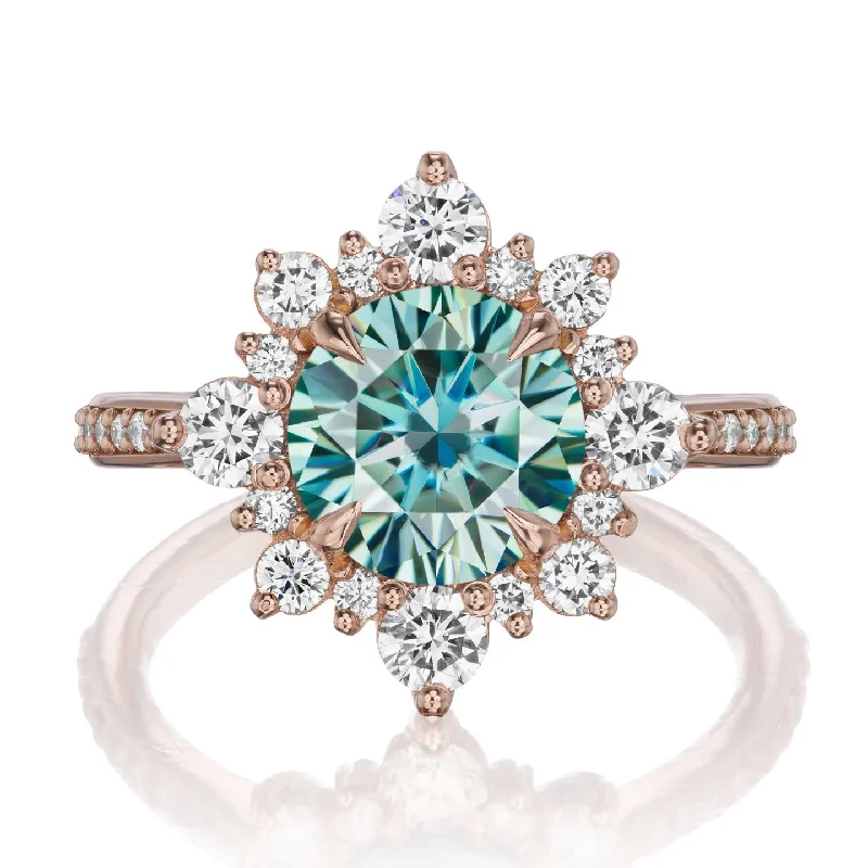 adjustable gold ring for women -・REYNA・Aqua-Teal Iconic™ Moissanite Center, Diamond Halo (2.52ctw+)