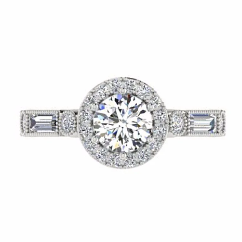 simple engagement ring for women -Round Diamond Halo Engagement Ring with Baguette Side Stones 18K Gold