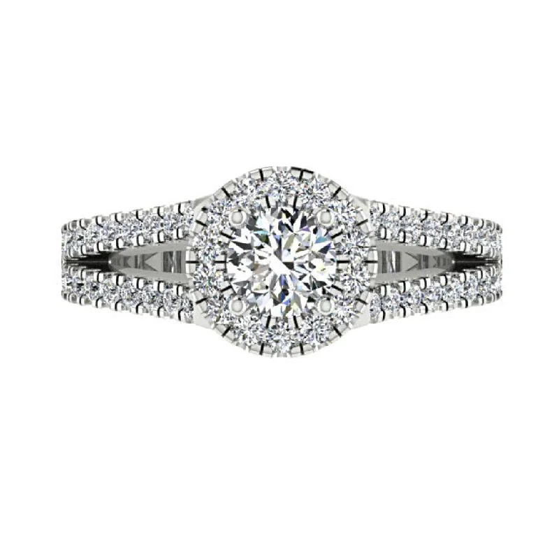 bold cocktail ring for women -Round Diamond Halo Split Shank Engagement Ring 18K Gold