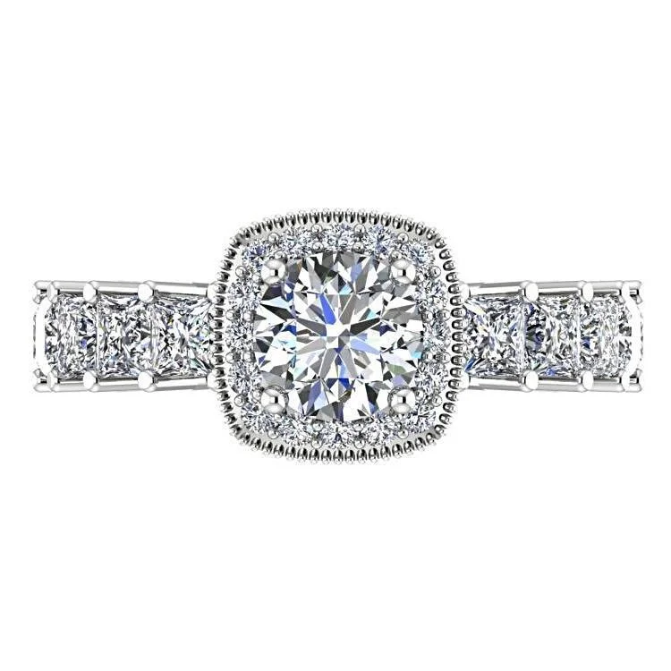 promise ring for girlfriend -Round Diamond Halo with Princess Cut Side Stones Engagement Ring 18K White Gold