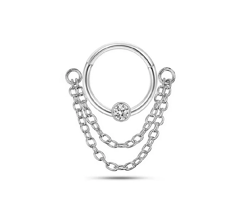 boho style ring for women -SS316L Jewelled Hinged Ring with Double Chain Dangle - E436