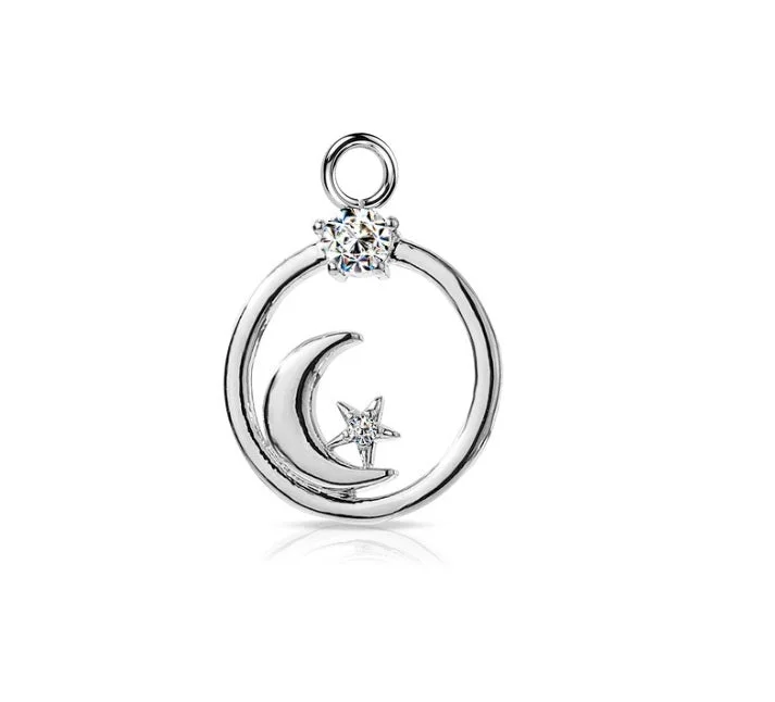 vintage inspired ring for women -SS316L Moon and Star Jewelled Dangle Charm for Hinged Ring - CHARM26