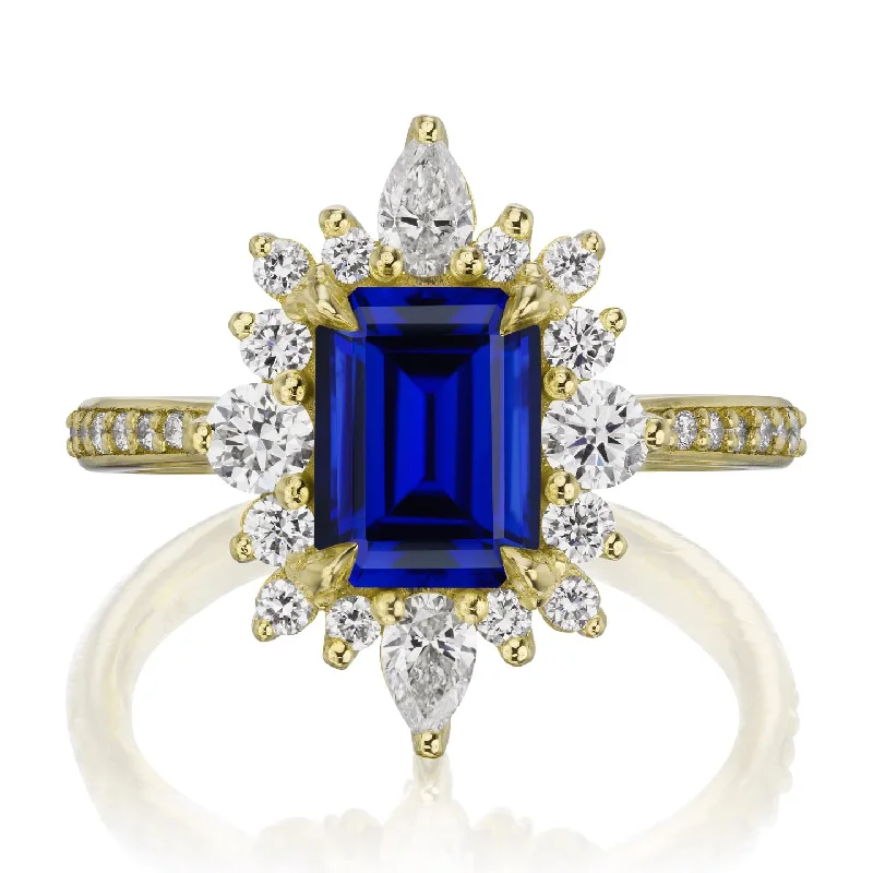 adjustable gold ring for women -・TALIA・Emerald Cut Blue Sapphire Center, Diamond Halo (2.68ctw+)