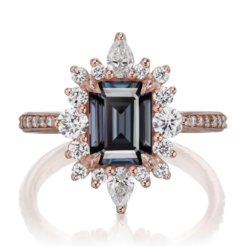 turquoise ring for women -・TALIA・Emerald Cut Iconic™ Grey Moissanite Center, Diamond Halo (2.33ctw+)