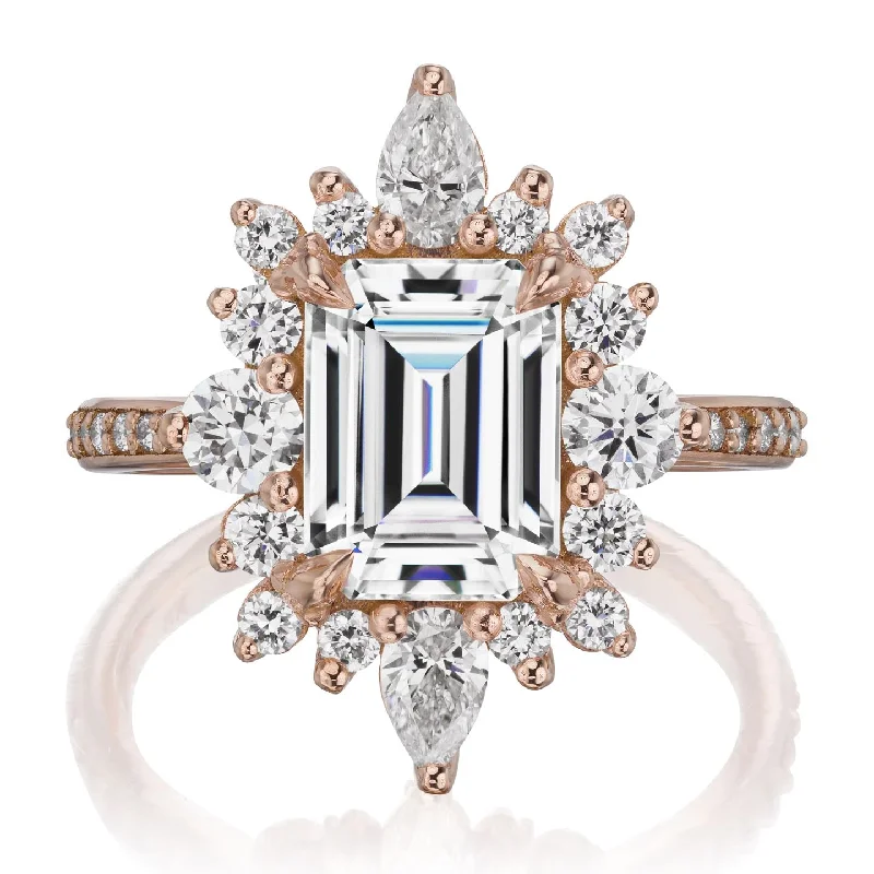 antique engagement ring for women -・TALIA・Emerald Cut Moissanite Center, Diamond Halo (3.35ctw+)