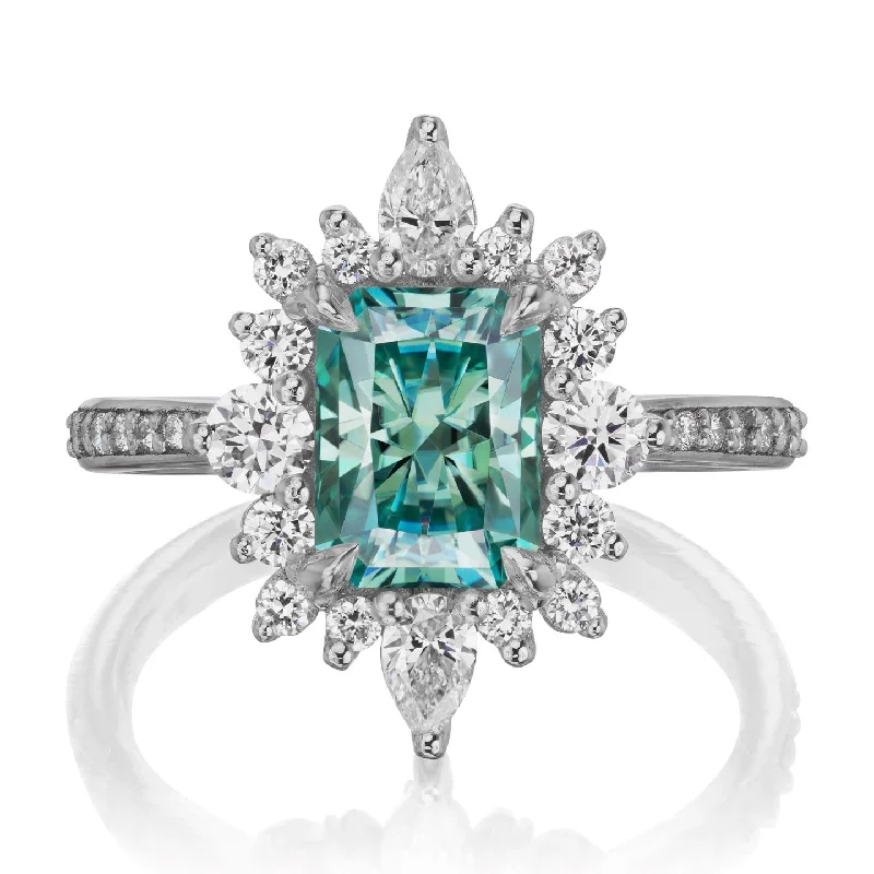 spinner ring for anxiety relief -・TALIA・Radiant Cut Aqua-Teal Iconic™ Moissanite Center, Diamond Halo (2.38ctw+)