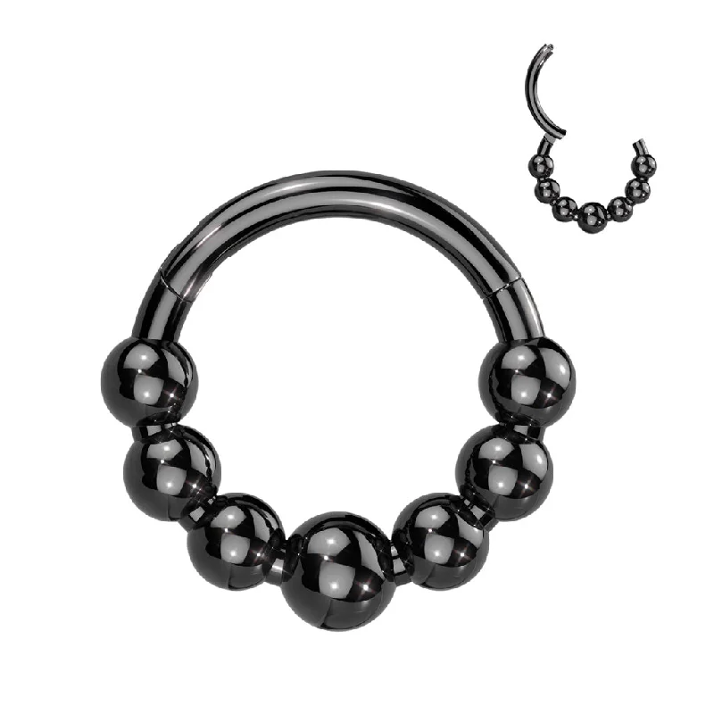 unique wedding band for men -Titanium Black Hinged Segment Hoop Ring with 7 Beaded Balls - TI-187B