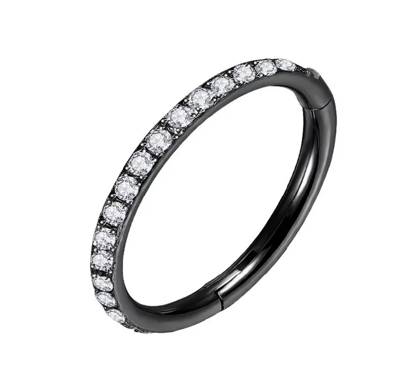 unique wedding band for men -Titanium Black Jewelled Hinged Conch Ring 18 Gauge 11mm Diameter - TI-211B