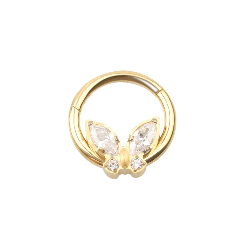 crystal ring for women -Titanium Gold/High Polish (Your choice) Jewelled Butterfly Hinged Septum/Daith Ring - TI-137/A