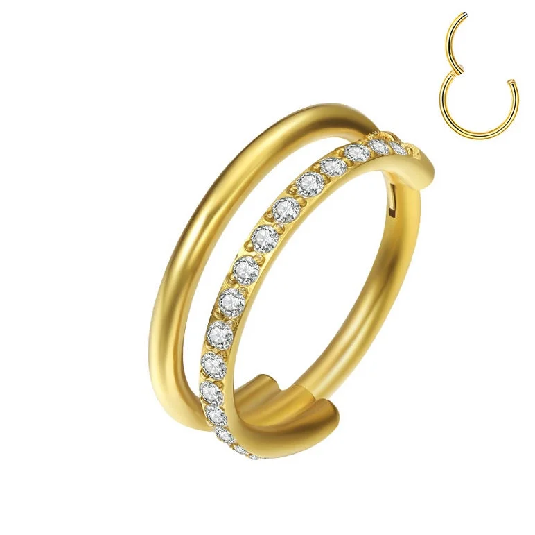 nature inspired ring for women -Titanium Gold Jewelled Double Hoop Hinged Ring - TI-501A