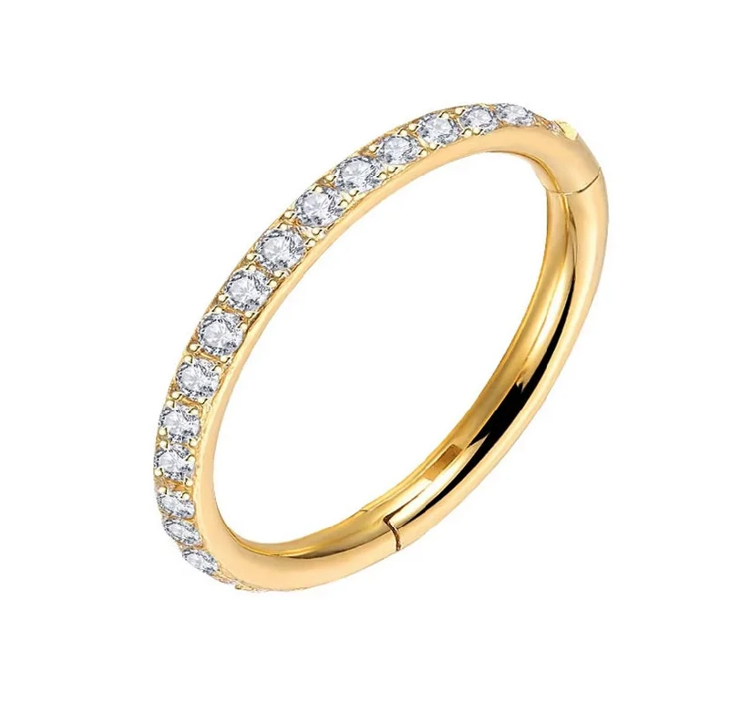 open ring for women -Titanium Gold Jewelled Hinged Conch Ring 18 Gauge 11mm Diameter - TI-211A