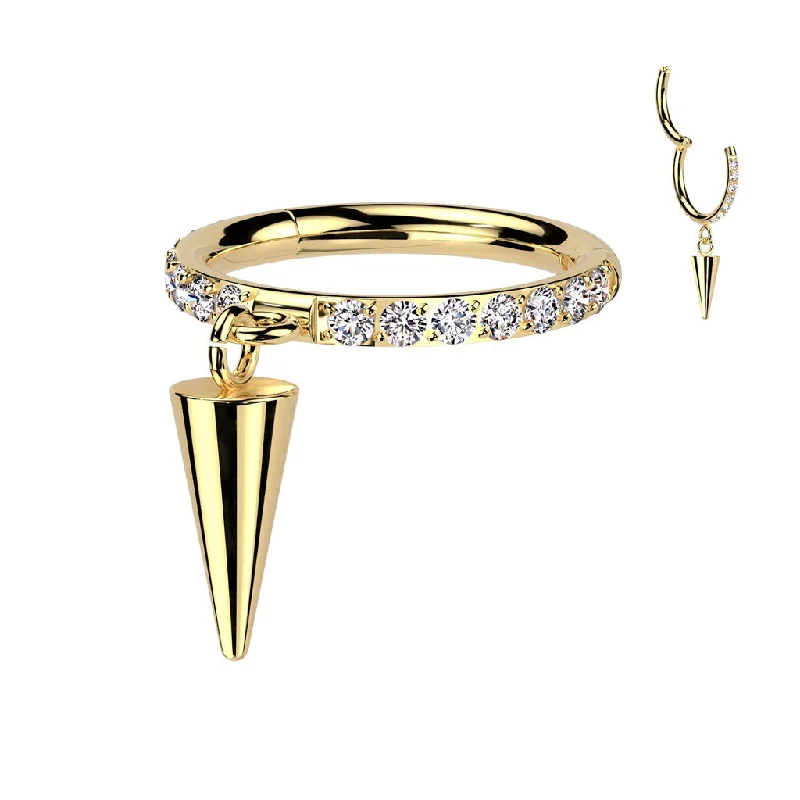 delicate gold ring for layering -Titanium Gold Jewelled Hinged Segment Hoop Ring with Spike Dangle - TI-201A