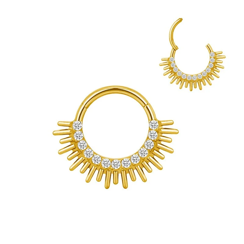 geometric ring for women -Titanium Gold Jewelled Hinged Septum/Daith Ring - TI-216A