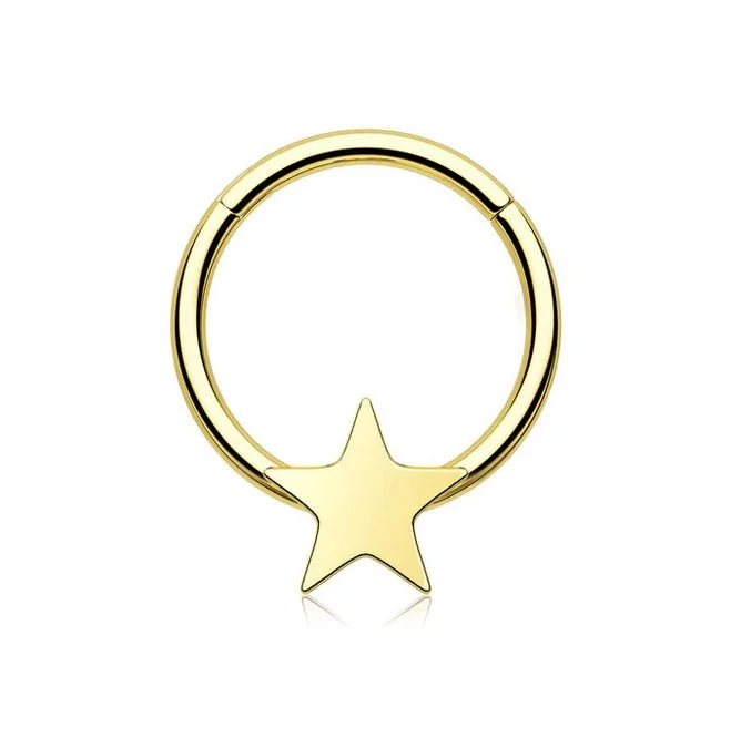 delicate gold ring for layering -Titanium Gold Star Hinged Septum/Daith Ring 14/18 Gauge - TI-222A