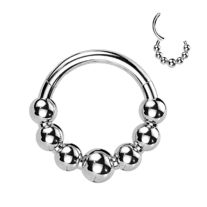 silver stacking rings for women -Titanium High Polish Hinged Segment Hoop Ring with 7 Beaded Balls - TI-187